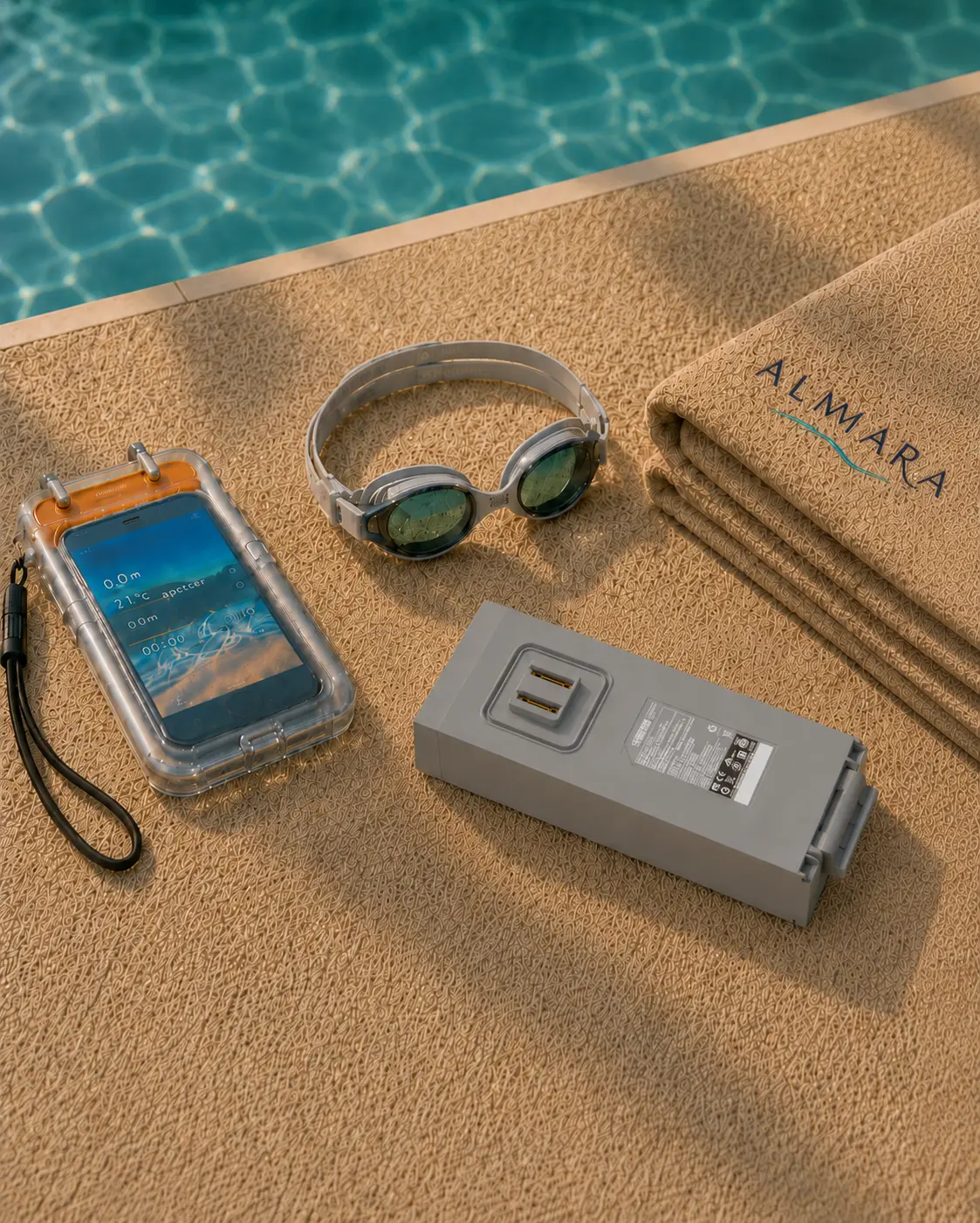 ALMARA - Close-up of ALMARA accessories with phone case, swim goggles, battery pack and towel