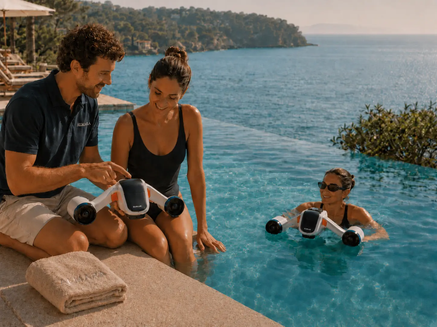 ALMARA - Host guiding guests during a Sublue underwater scooter experience at a luxury infinity pool.