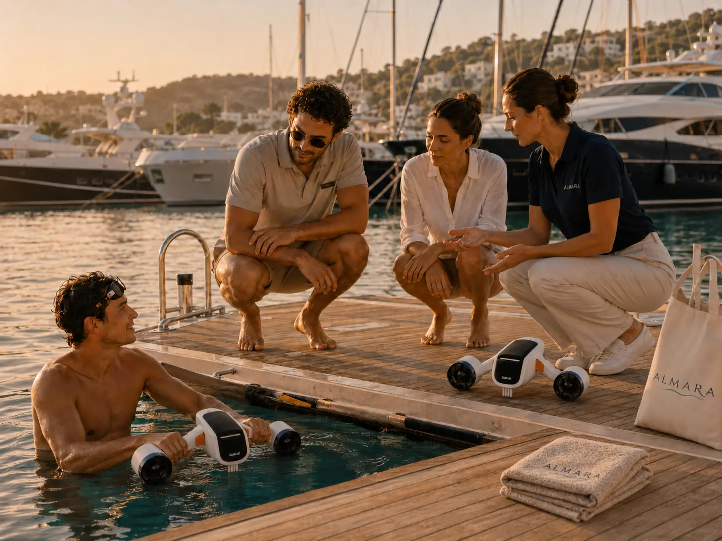 ALMARA - Marina demo with guests, host and Sublue underwater scooters on a yacht club dock
