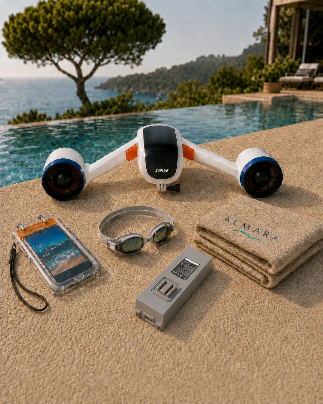 ALMARA - Water equipment with scooter, swim goggles, phone case, battery pack and towel by the pool