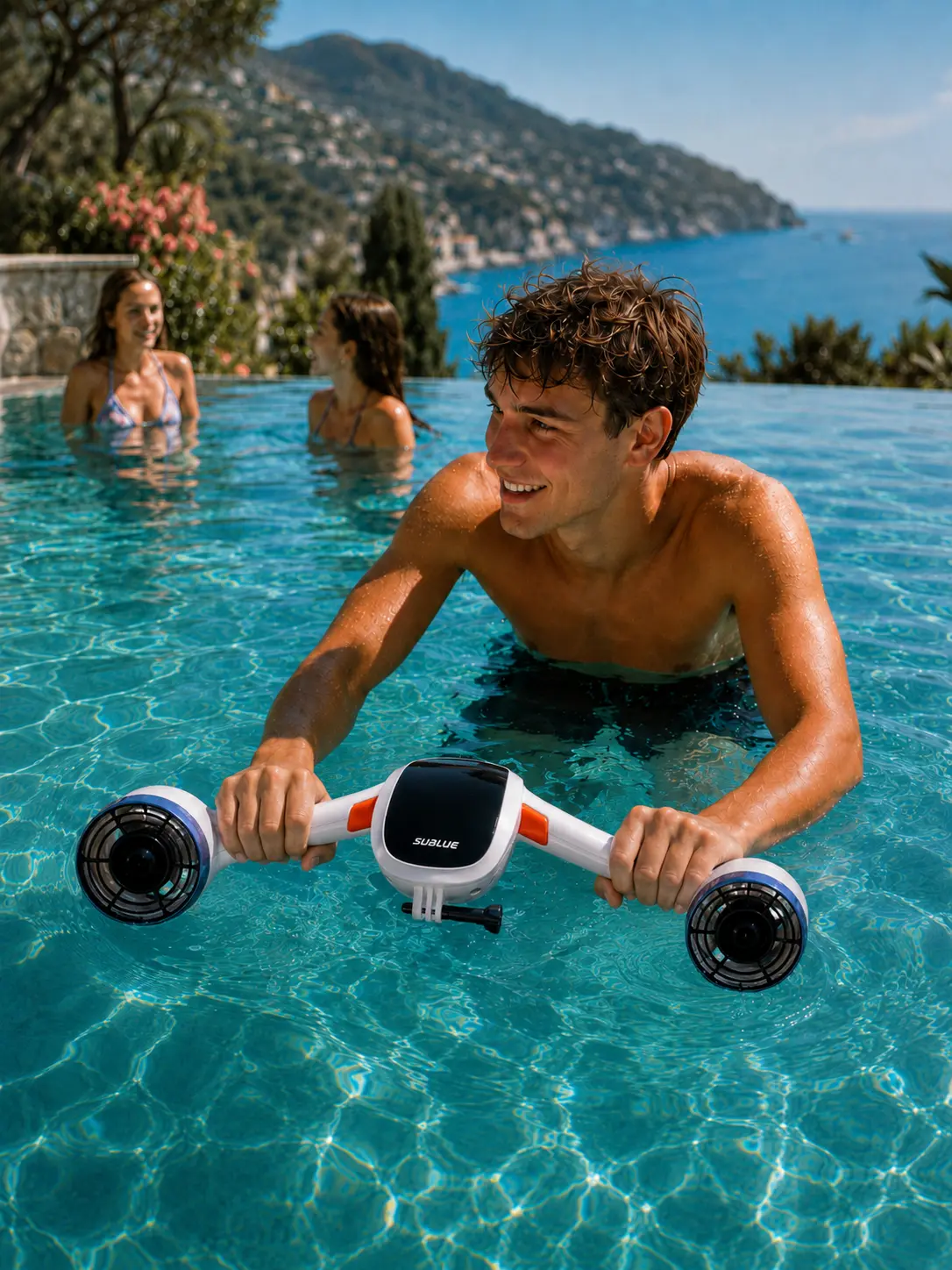 ALMARA - Young man using an electric water scooter in an infinity pool with sea view