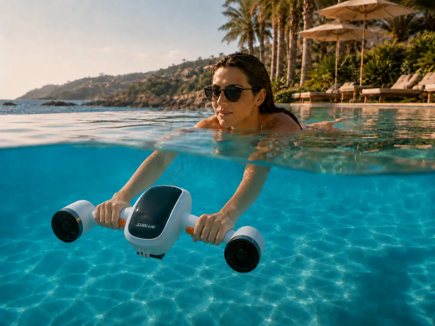 ALMARA - Woman using a water scooter in a luxury resort pool with a split-level above-and-below-water view